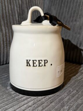 Rae Dunn White & Black Ceramic KEEP. Storage Jar with Lid- NWT- Farmhouse Decor